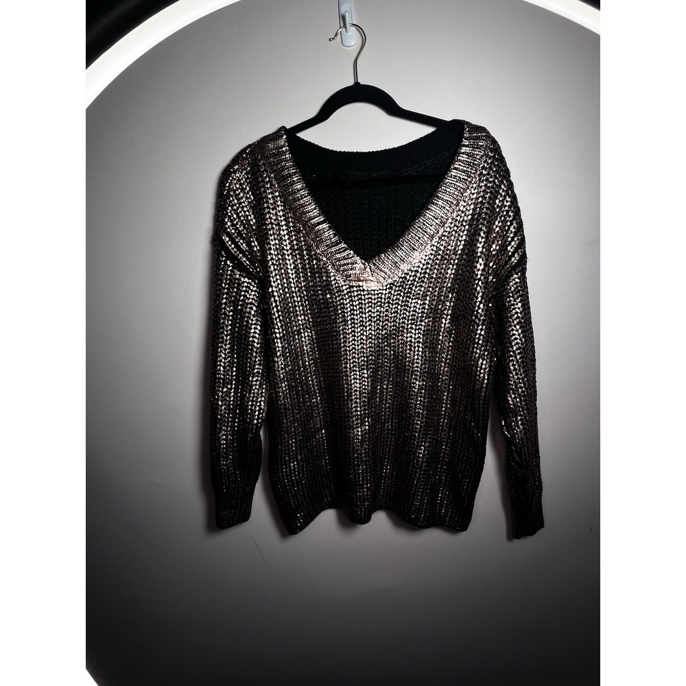 Fore Women Sweater Medium Gold Metallic Pullover V Neck, Long Sleeve